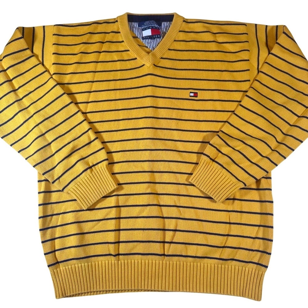 Vintage 90's Y2K Tommy Hilfiger V-Neck Knit Sweater XL Stripe Preppy Academia